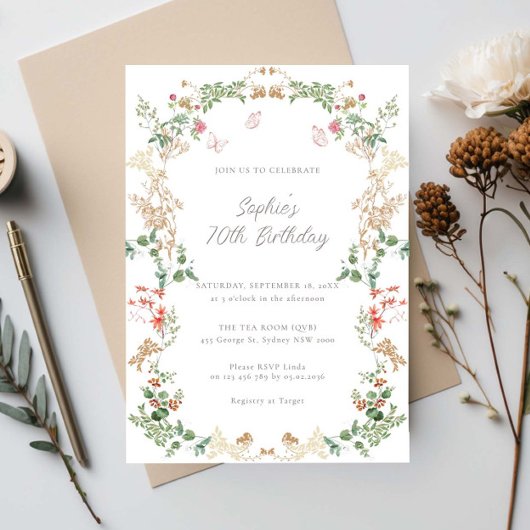 Elegante wilde bloementuin 70ste verjaardag kaart