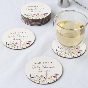 Elegante Wilde Bloemenweide Crème Baby Shower Ronde Kartonnen Onderzetter