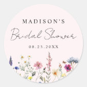 Elegante wilde bloemenweide roze bruiloftsfeest ronde sticker (Voorkant)