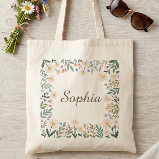 Elegante Wilde Bloemgrens Gepersonaliseerde Naam C Tote Bag