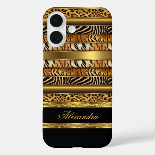 Elegante Wilde Gemengde Dieren Zwart en Goud Case-Mate iPhone Case (Achterkant)