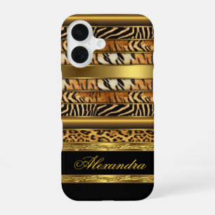 Elegante Wilde Gemengde Dieren Zwart en Goud iPhone 16 Hoesje