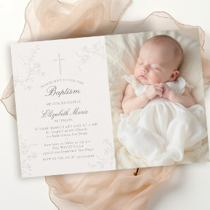 Elegante Wilde Rozen Delicate Ecru Foto Doopfeest Kaart