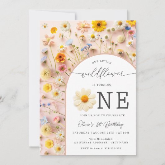 Elegante Wildflower 1e Verjaardag uitnodiging (Voorkant)