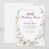 Elegante Wildflower 90ste verjaardagsfeestje Kaart (Voorkant / Achterkant)