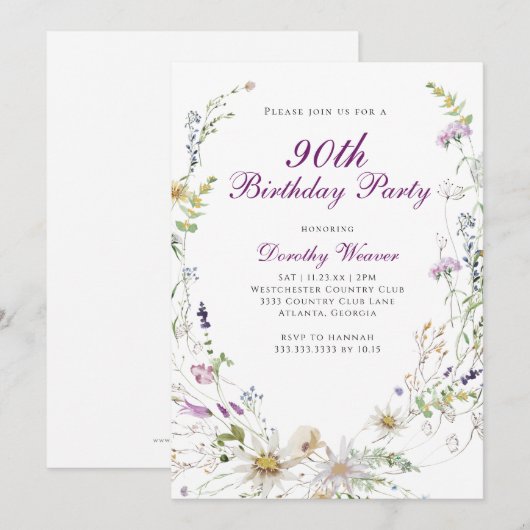 Elegante Wildflower 90ste verjaardagsfeestje Kaart (Voorkant / Achterkant)