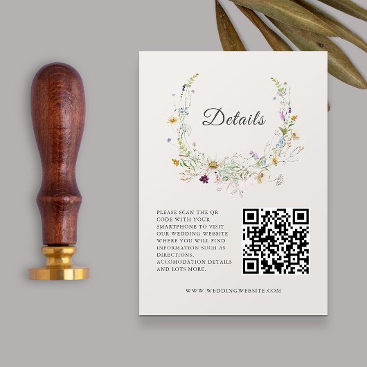 Elegante Wildflower Beige Bruiloft QRcode Details Informatiekaartje
