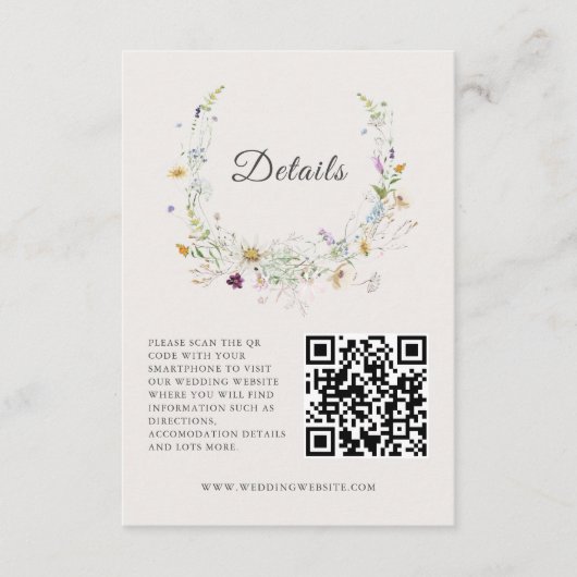 Elegante Wildflower Beige Bruiloft QRcode Details Informatiekaartje (Voorkant)