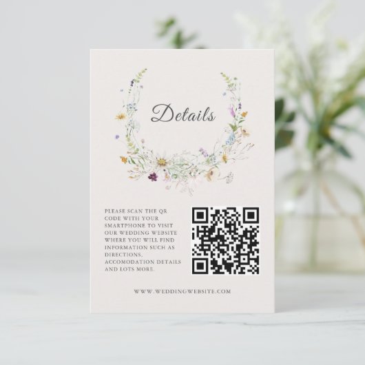 Elegante Wildflower Beige Bruiloft QRcode Details Informatiekaartje (Staand voorkant)