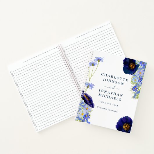 Elegante Wildflower Blauwe Bruiloft Planner Notitieboek (Binnen)