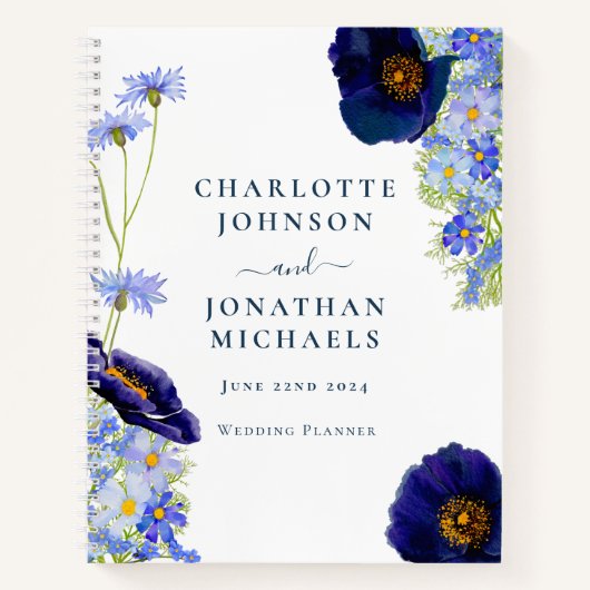 Elegante Wildflower Blauwe Bruiloft Planner Notitieboek (Voorkant)