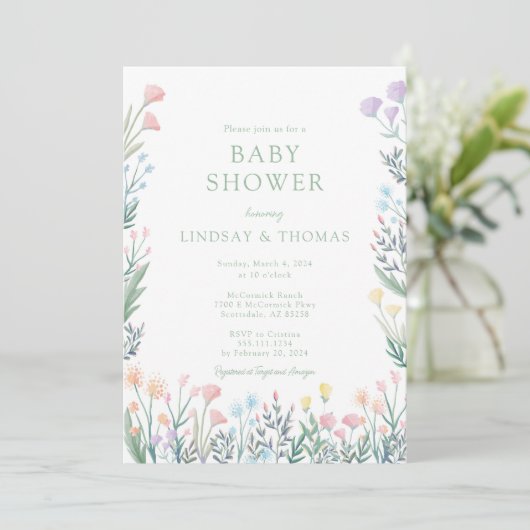 Elegante Wildflower Bloemen Baby shower Uitnodigin Kaart (Staand voorkant)