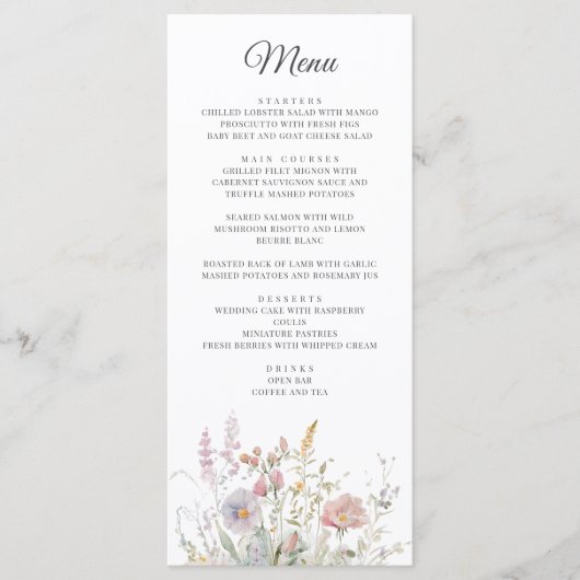 Elegante Wildflower Bloemen Bloemen Waterverf Brui Menu (Voorkant)