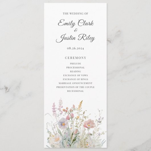 Elegante Wildflower Bloemen Bloemen Waterverf Brui Programmakaart (Voorkant)