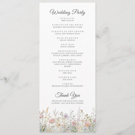 Elegante Wildflower Bloemen Bloemen Waterverf Brui Programmakaart (Achterkant)