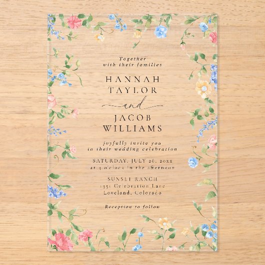 Elegante Wildflower Bloemen Boho bruiloft Acryl Uitnodigingen (Voorkant)
