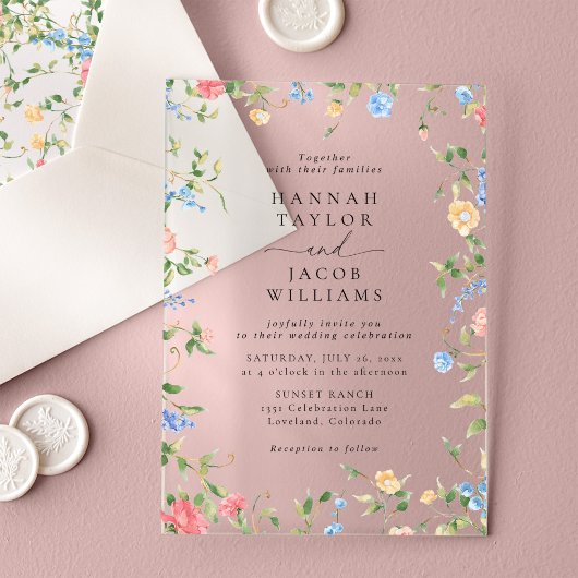 Elegante Wildflower Bloemen Boho bruiloft Acryl Uitnodigingen