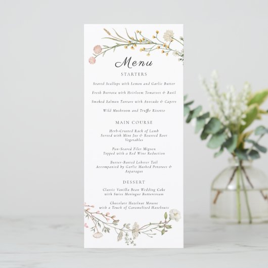 Elegante Wildflower Bloemen Greenery Wedding Menu (Staand voorkant)