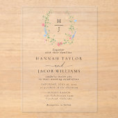 Elegante Wildflower Bloemen Monogram Huwelijk Acryl Uitnodigingen (Voorkant)