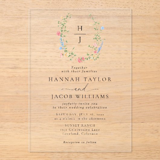 Elegante Wildflower Bloemen Monogram Huwelijk Acryl Uitnodigingen (Voorkant)