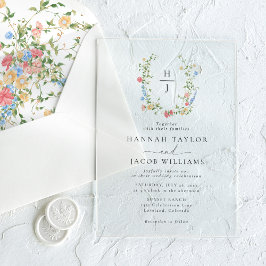 Elegante Wildflower Bloemen Monogram Huwelijk Acryl Uitnodigingen