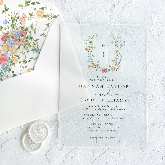 Elegante Wildflower Bloemen Monogram Huwelijk Acryl Uitnodigingen