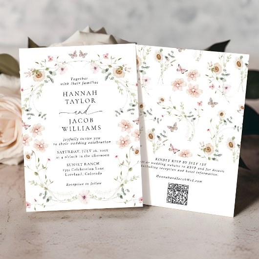 Elegante Wildflower Bloemen QR Code RSVP bruiloft Kaart