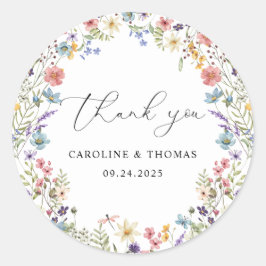 Elegante Wildflower Bloom Dank u Script Bruiloft Ronde Sticker