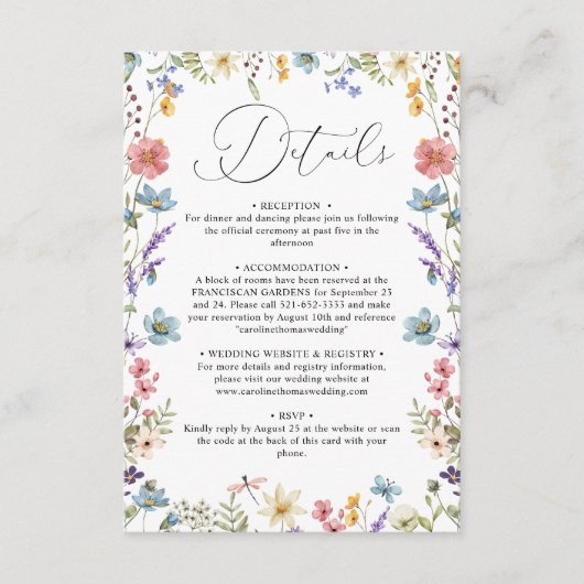 Elegante Wildflower Bloom QR Code Bruiloft Details Informatiekaartje (Voorkant)