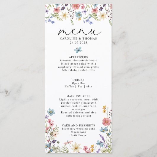Elegante Wildflower Bloom Romantisch Script Bruilo Menu (Voorkant)