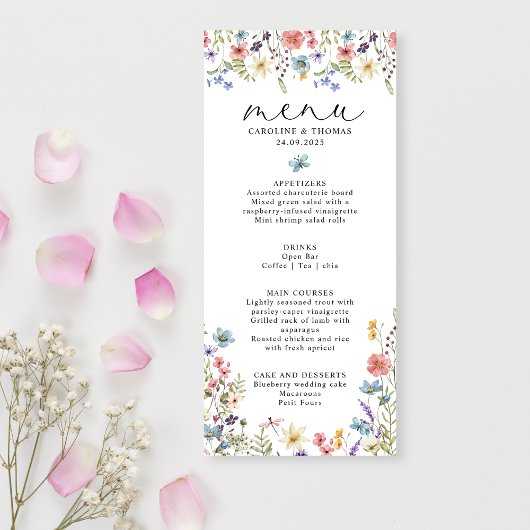 Elegante Wildflower Bloom Romantisch Script Bruilo Menu