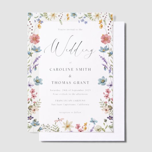 Elegante Wildflower Bloom Romantisch Script Bruilo Vellum Uitnodigingen (Offset)