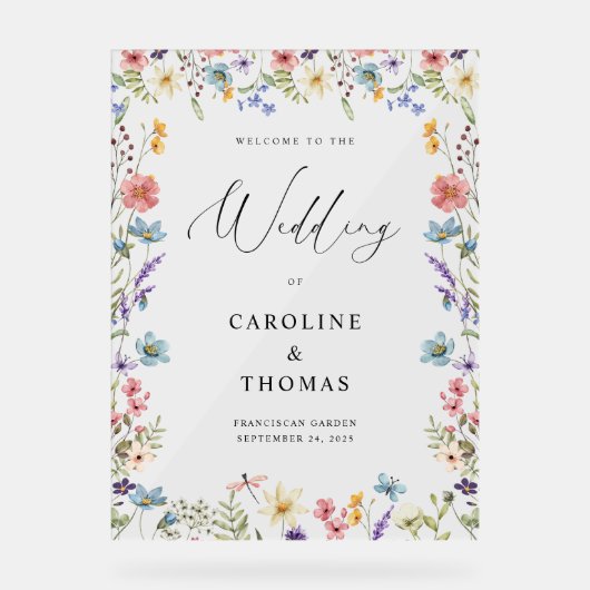 Elegante Wildflower Bloom Wedding Welkom Acryl Bord (Voorkant)