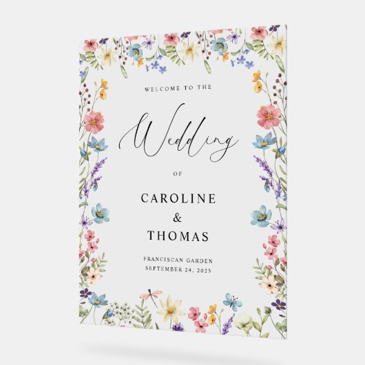 Elegante Wildflower Bloom Wedding Welkom Acryl Bord (Hoek)