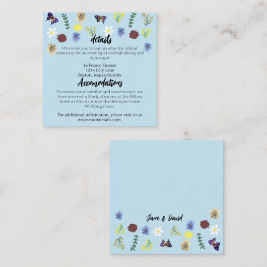 Elegante Wildflower Boho Blue Wedding Informatiekaartje (Voorkant / Achterkant)
