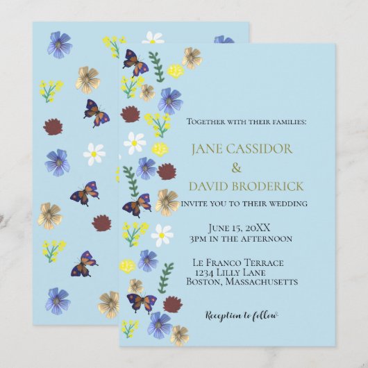 Elegante Wildflower Boho Blue Wedding Kaart (Voorkant / Achterkant)