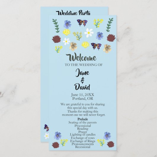Elegante Wildflower Boho Blue Wedding Programma (Voorkant / Achterkant)