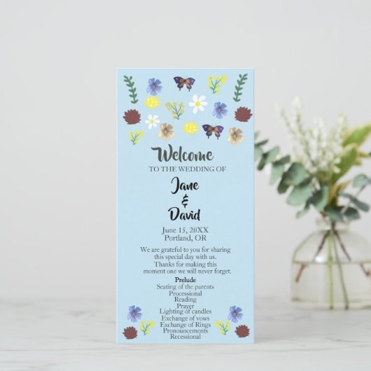 Elegante Wildflower Boho Blue Wedding Programma (Staand voorkant)