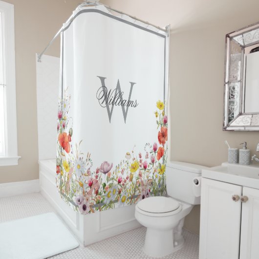 Elegante Wildflower Boho Custom Monogram Naam Douchegordijn (In situ)
