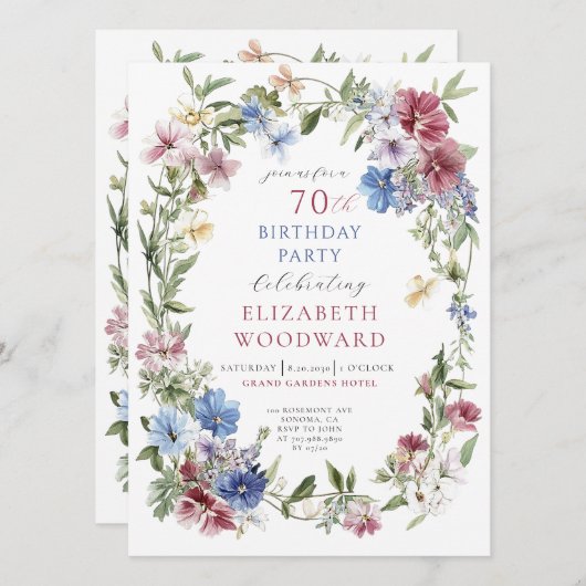 Elegante Wildflower Boho Waterverf 70ste verjaarda Kaart (Voorkant / Achterkant)