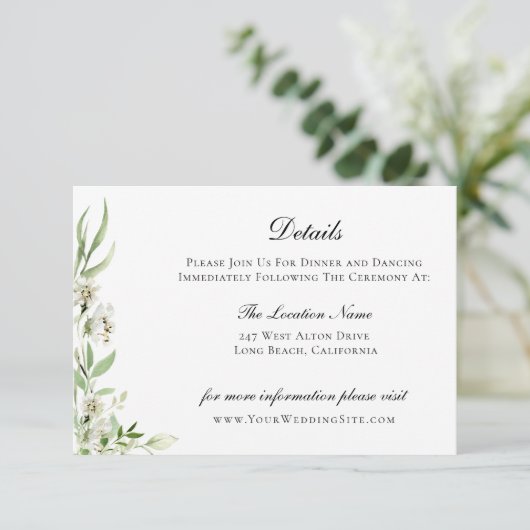 Elegante Wildflower Botanische Bruiloft Details Kaart (Staand voorkant)