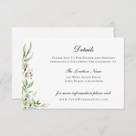 Elegante Wildflower Botanische Bruiloft Details Kaart (Voorkant / Achterkant)