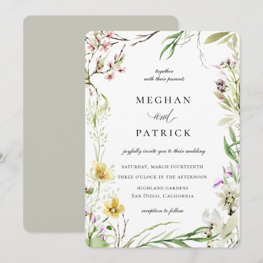 Elegante Wildflower Botanische Lijst Bruiloft Kaart (Voorkant / Achterkant)