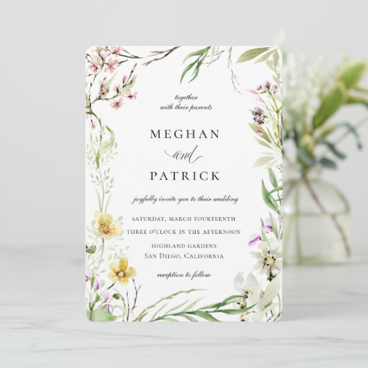 Elegante Wildflower Botanische Lijst Bruiloft Kaart (Staand voorkant)