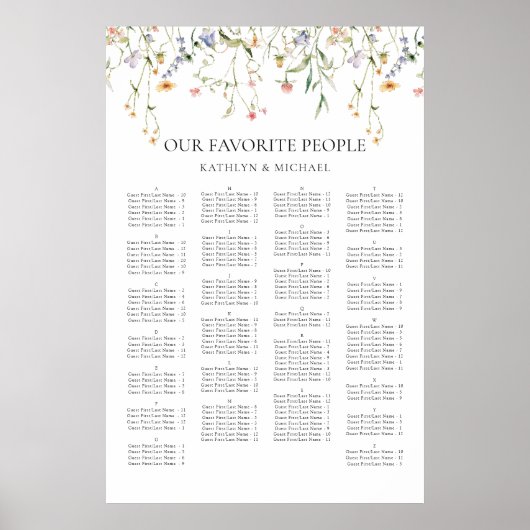 Elegante Wildflower Bruiloft Alfabetische Zitting Poster (Voorkant)