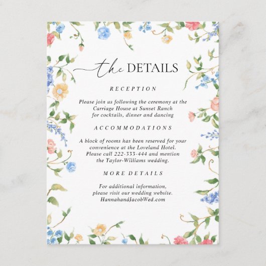 Elegante Wildflower bruiloft details Informatiekaartje (Voorkant)