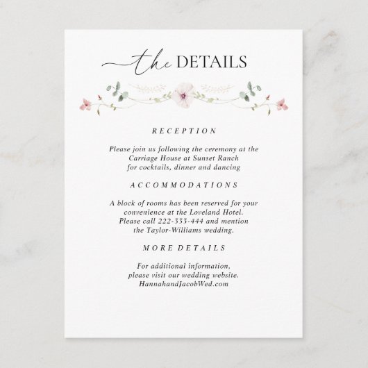 Elegante Wildflower bruiloft details Informatiekaartje (Voorkant)