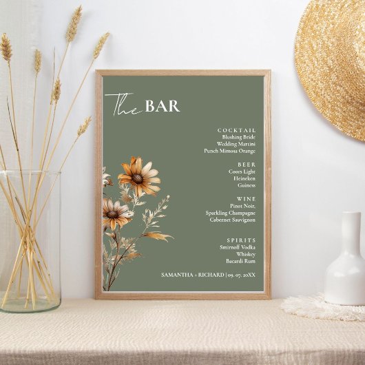 Elegante Wildflower Bruiloft Drinken Bar Menu Poster