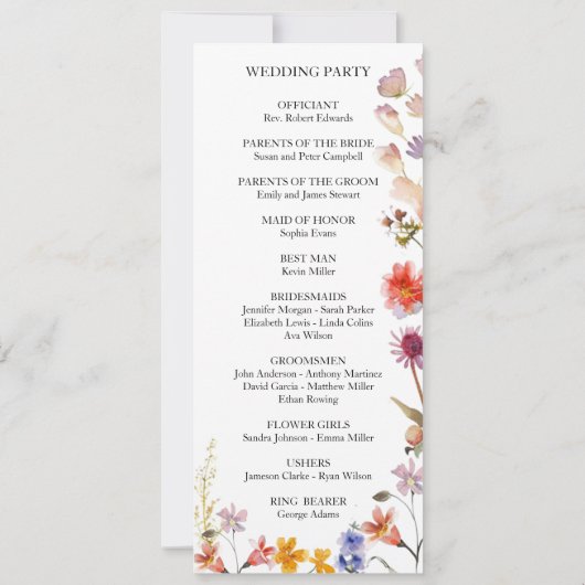 Elegante wildflower bruiloft programmakaart (Achterkant)
