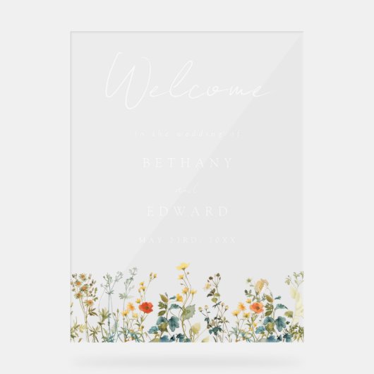 Elegante Wildflower bruiloft Welkom Acryl Bord (Voorkant)